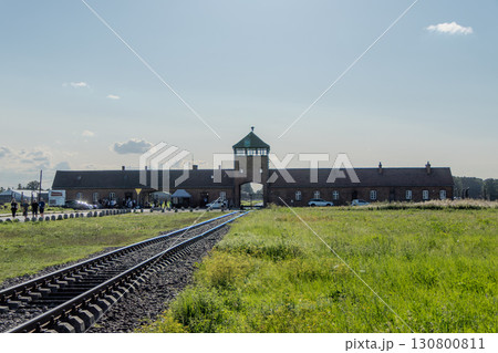Auschwitz Birkenau Concentration and Extermination Camp. Birkenau entrance gate. 130800811