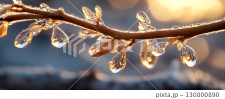 Closeup of a frost covered branch with intricate icicle formations and water droplets reflecting the warm light Closeup of a frost covered branch with intricate icicle formations and water droplets reflecting the warm light 130800890