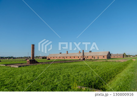 Auschwitz Birkenau Concentration and Extermination Camp. Barracks chimneys in front of the entrance gate 130800916