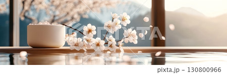 Delicate pink spring blossoms framed by a cozy window creating a serene and tranquil indoor atmosphere Delicate pink spring blossoms framed by a cozy window creating a serene and tranquil indoor atmosphere 130800966