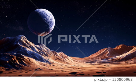 Dramatic futuristic alien landscape with rugged mountains and craters under a starry night sky featuring a large planet or exoplanet in the distance 130800968