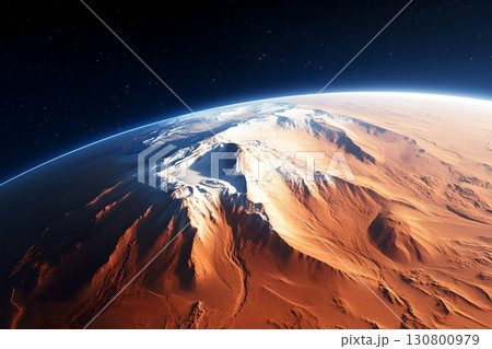 Stunning aerial view of a vast arid desert landscape with towering mountains and rugged terrain captured from the perspective of outer space 130800979