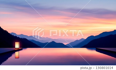 Breathtaking view of a tranquil mountain lake at dusk with a lone cabin casting a perfect reflection on the still waters as the sky is set ablaze with vibrant hues of pink and purple 130801014