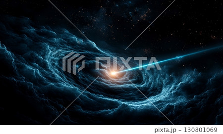 Vivid teal laser beam cutting through a dramatic swirling cosmic mist set against a starry ethereal space background Vivid teal laser beam cutting through a dramatic swirling cosmic mist set against a starry ethereal space background 130801069