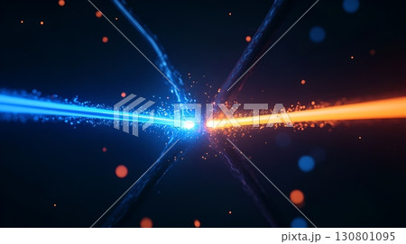 Vibrant blue and orange laser beams converging in a captivating cosmic dance creating a mesmerizing display of power and energy Vibrant blue and orange laser beams converging in a captivating cosmic dance creating a mesmerizing display of power and energy 130801095