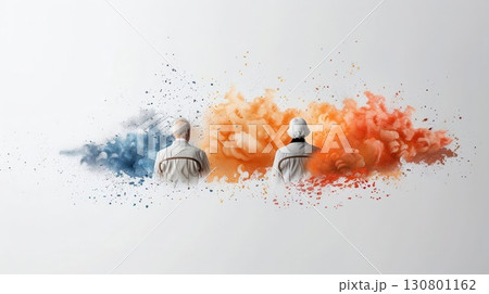 Two figures sitting back to back in front of blue and orange abstract paint explosions. 130801162
