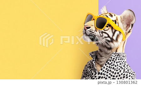 A captivating portrait of a tiger donning a stylish monochrome outfit with bold neon accents showcasing a striking blend of fashion and wildlife 130801362