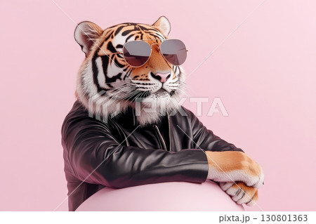 A captivating portrait of a tiger wearing a sleek leather jacket and stylish aviator sunglasses creating a bold and innovative concept that blends the wild and the fashionable 130801363
