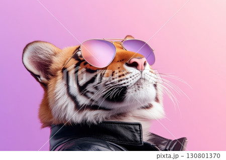 A fashionable tiger wearing a sleek leather jacket and trendy aviator sunglasses set against a vibrant surreal color backdrop creating a conceptual modern and eye catching visual 130801370