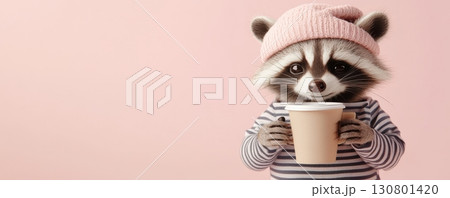 Adorable Raccoon in a Striped Shirt and Beret Holding a Cup of Warm Comforting Coffee Depicting a Whimsical and Cozy Lifestyle Scene 130801420