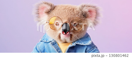 Cute fuzzy koala wearing a denim jacket and round glasses smiling playfully in a minimalist studio setup against a soft pastel backdrop  The adorable 130801462