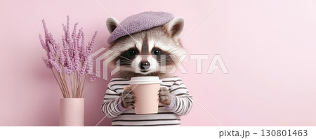 Dapper Raccoon in Striped Shirt and Beret Holding a Cup of Coffee or Tea   Cute and Whimsical Anthropomorphic Animal or Digital Art 130801463