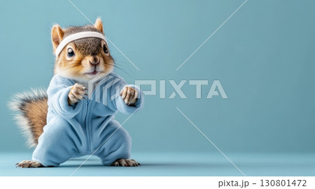 Energetic and Playful Squirrel Wearing Sporty Tracksuit with Headband Posing against Blue Background in Studio Setting 130801472