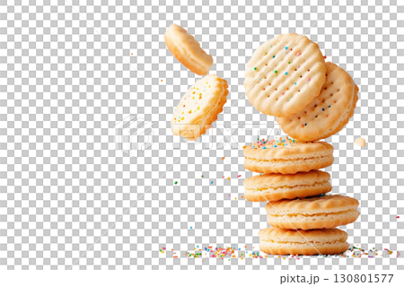 Delectable miniature sandwich biscuits or cookies with a vibrant array of colorful sprinkles cascading onto a plain white background Delectable miniature sandwich biscuits or cookies with a vibrant array of colorful sprinkles cascading onto a plain white background 130801577