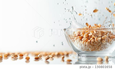 Wheat kernels splashing into a glass bowl, creating a dynamic visual. 130801658