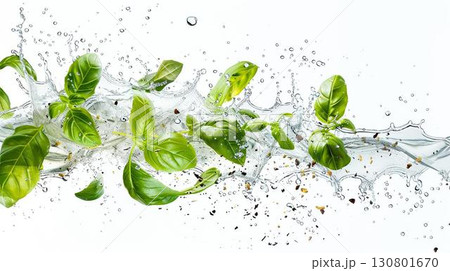 Fresh basil leaves splash in olive oil, creating a vibrant culinary image. 130801670