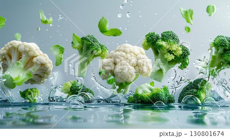 Fresh broccoli and cauliflower in water splash. Healthy food concept. 130801674