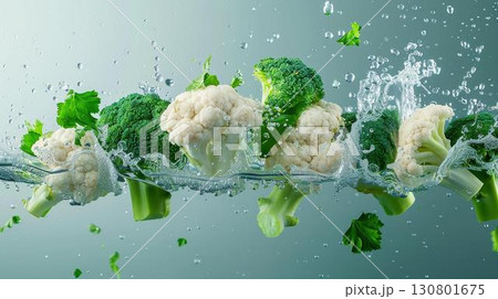 Broccoli florets and cauliflower pieces splashing into water, crisp and clean 130801675
