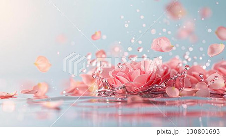 Pink rose flower petals falling into water with splash. 130801693