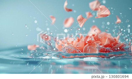 Pink rose petals falling into water, creating a splash. 130801694