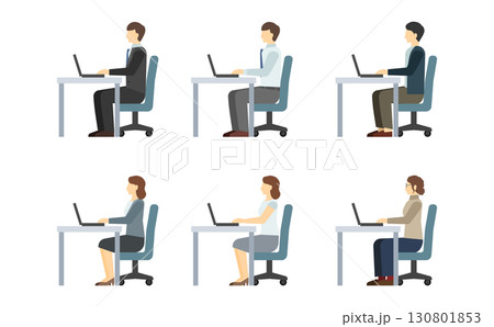 フラットイラスト:パソコン作業をするスーツ男女(サイド) フラットイラスト:パソコン作業をするスーツ男女(サイド) 130801853
