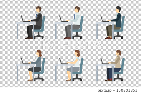 平面插圖:穿著西裝的男士和女士在電腦上工作(側視圖) 平面插圖:穿著西裝的男士和女士在電腦上工作(側視圖) 130801853