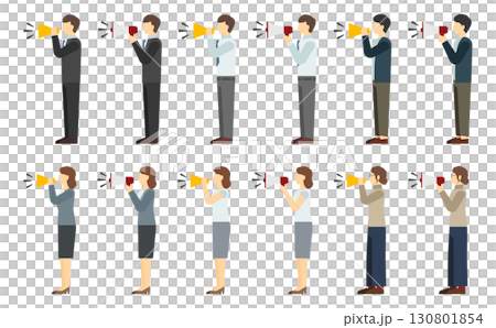 平面插圖：穿西裝的男人和女人用擴音器喊叫（側面視圖） 130801854