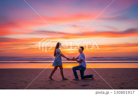 Romantic man proposing during golden hour as couple strolls barefoot on scenic beach with glowing sky 130801917