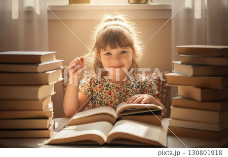 Girl sits at desk surrounded by reading materials, thoughtful and calm as she studies in well-lit room 130801918
