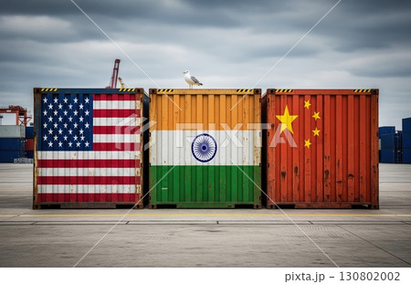 Flags on containers symbolizing trade rivalry 130802002