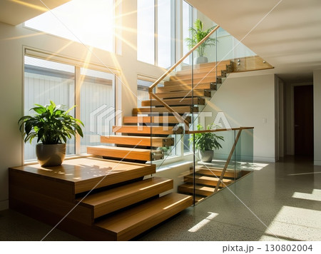 Bright sunlight streaming through modern glass railing staircase in stylish wooden home interior, creating warm welcoming feel in contemporary architectural space Bright sunlight streaming through modern glass railing staircase in stylish wooden home interior, creating warm welcoming feel in contemporary architectural space 130802004