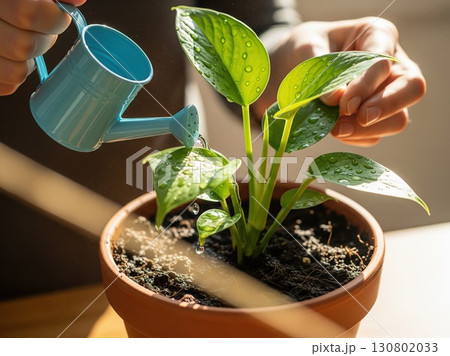 A small plant pot being watered sunlight falling gently across soil bright green leaves highlighting nurture growth sustainability care and eco responsibility in environment 130802033