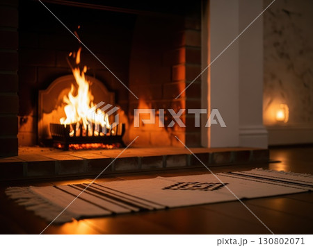 Small fire burning inside brick fireplace with warm glow filling the room and minimal cozy interior 130802071