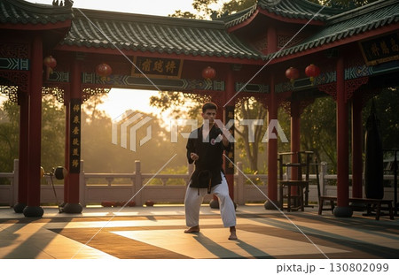 Focused martial artist trains in sunrise 130802099