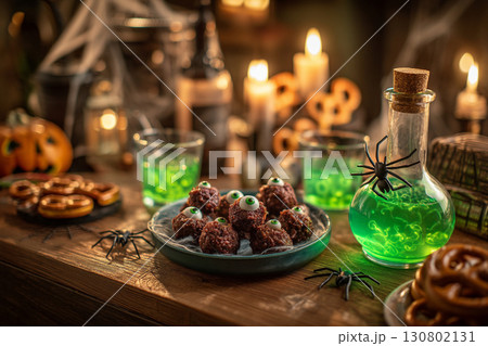 A table set with spooky-themed snacks and drinks: eyeball meatballs, pretzel spiderwebs, and bubbling green potions. A table set with spooky-themed snacks and drinks: eyeball meatballs, pretzel spiderwebs, and bubbling green potions. 130802131