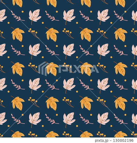 Autumn leaves pattern. Seamless background with falling leaves and berries in pink and yellow colors on dark blue background. Autumn mood print for textile or wrapping paper. Vector illustration. 130802196