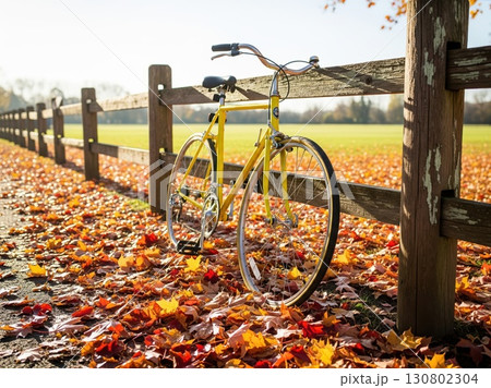 A rustic autumn bicycle scene with scattered leaves, leaning bike against fence, and warm sunlight creating a sense of freedom and calm 130802304