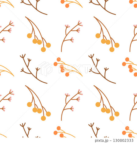 Seamless pattern with autumn rowan branches and berries, flat vector on white background. Texture with botanical elements for seasonal design, nature decor, eco branding. Repeating background for Seamless pattern with autumn rowan branches and berries, flat vector on white background. Texture with botanical elements for seasonal design, nature decor, eco branding. Repeating background for 130802333