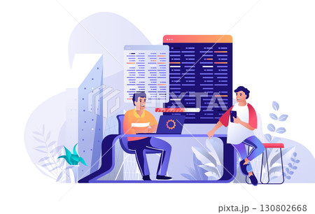 Programming software concept for modern web design. People writing, testing and making optimization code at screens for different programs. Flat vector illustration isolated on white background. 130802668