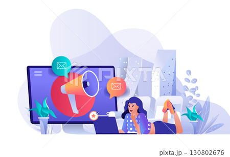 Digital marketing concept for modern web design. People making social media promotion, woman crating promo email messages with advertisement. Flat vector illustration isolated on white background. 130802676