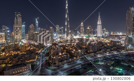 Dubai Downtown skyline night timelapse with Burj Khalifa and other towers panoramic view from the top in Dubai Dubai Downtown skyline night timelapse with Burj Khalifa and other towers panoramic view from the top in Dubai 130802806