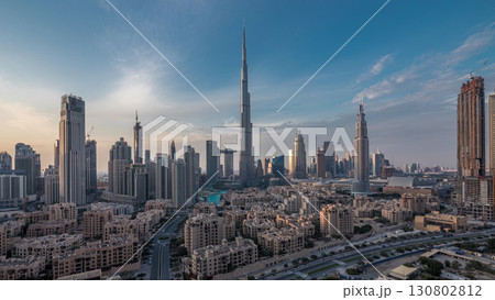 Dubai Downtown skyline day to night timelapse with Burj Khalifa and other towers panoramic view from the top in Dubai Dubai Downtown skyline day to night timelapse with Burj Khalifa and other towers panoramic view from the top in Dubai 130802812