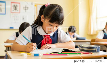 中学受験に合格するため塾の教室で勉強する小学生の子供 130802912