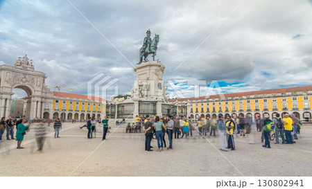 Bronze statue of King Jose I and triumphal arch at Rua Augusta at Commerce square timelapse hyperlapse in Lisbon, Portugal. Bronze statue of King Jose I and triumphal arch at Rua Augusta at Commerce square timelapse hyperlapse in Lisbon, Portugal. 130802941