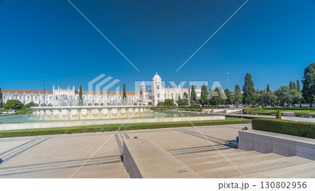 Jeronimos monastery and fountain seen from the Imperio garden timelapse hyperlapse in Lisbon, Portugal. 130802956