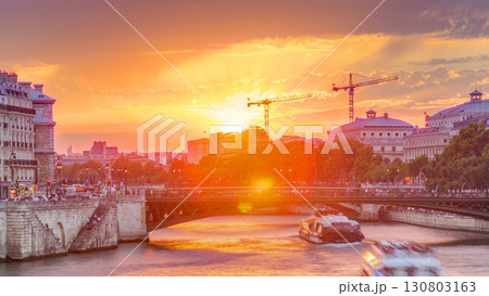 Le Pont D'Arcole bridge at sunset with boats timelapse, Paris, France, Europe Le Pont D'Arcole bridge at sunset with boats timelapse, Paris, France, Europe 130803163