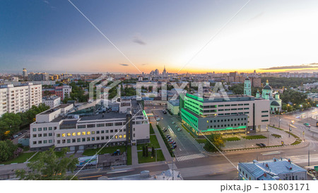 Aerial panorama of Moscow day to night timelapse from rooftop. Skyscrapers, Kremlin towers 130803171