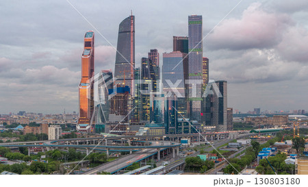 Business complex of skyscrapers Moscow city day to night timelapse. Business complex of skyscrapers Moscow city day to night timelapse. 130803180