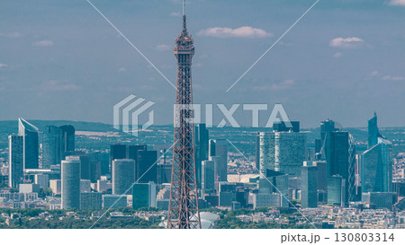 Aerial view from Montparnasse tower with Eiffel tower and La Defense district on background timelapse in Paris, France. 130803314