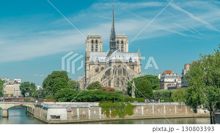 Seine river and Notre Dame de Paris back side timelapse. Famous symbols of Paris 130803393